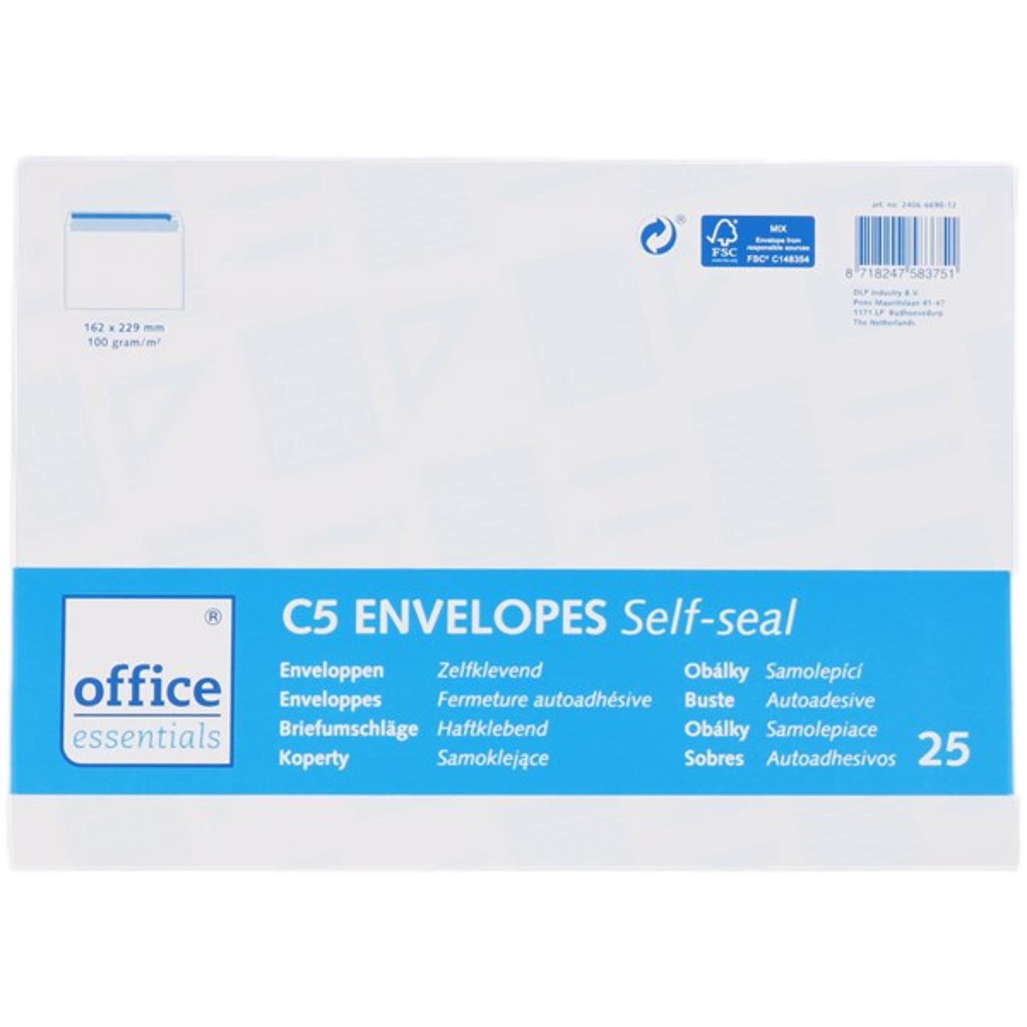 25 Enveloppes - 11.4 x 22.9 cm - Office Essentials C5/6